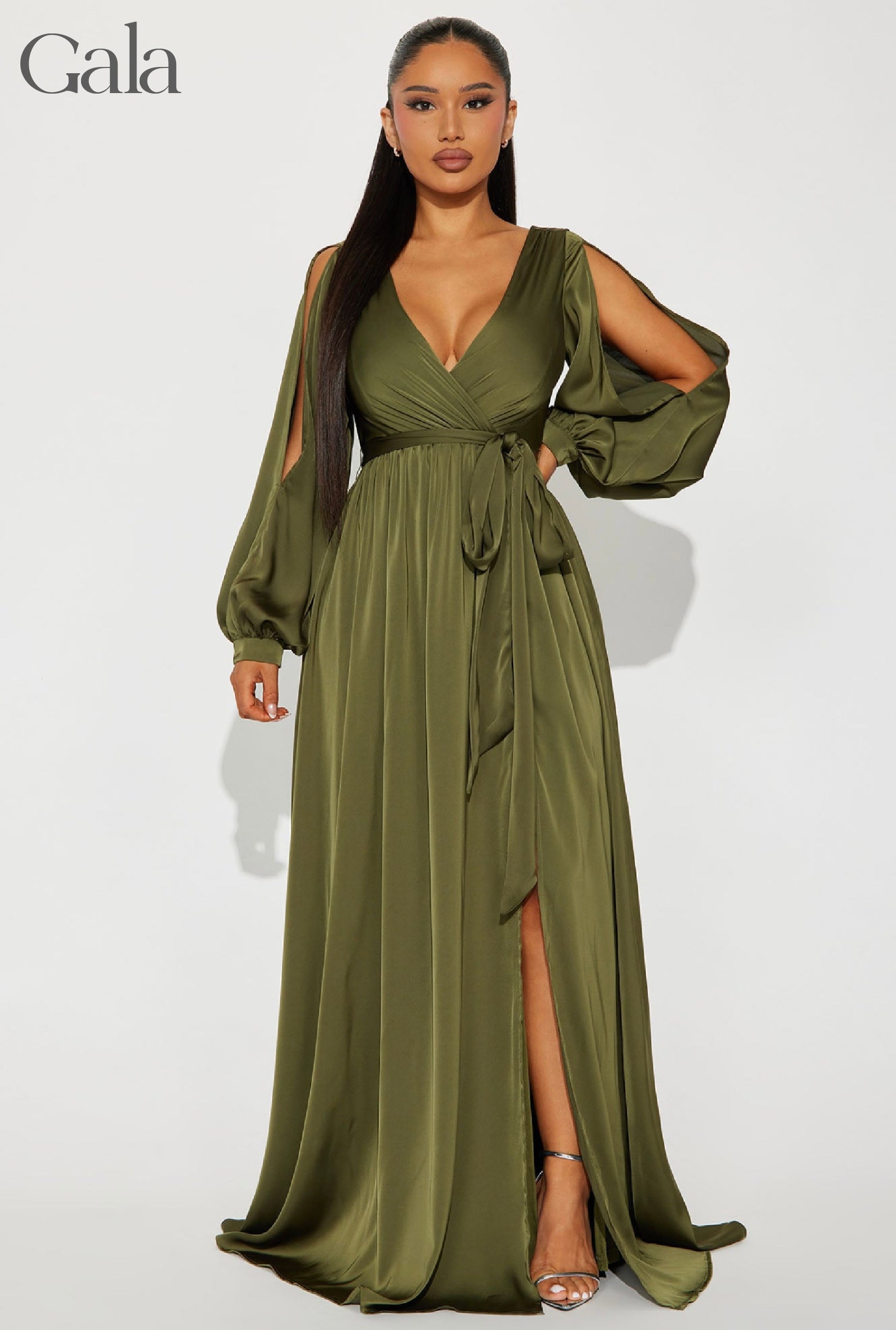 Olive Green Long-Sleeve Maxi Dress
