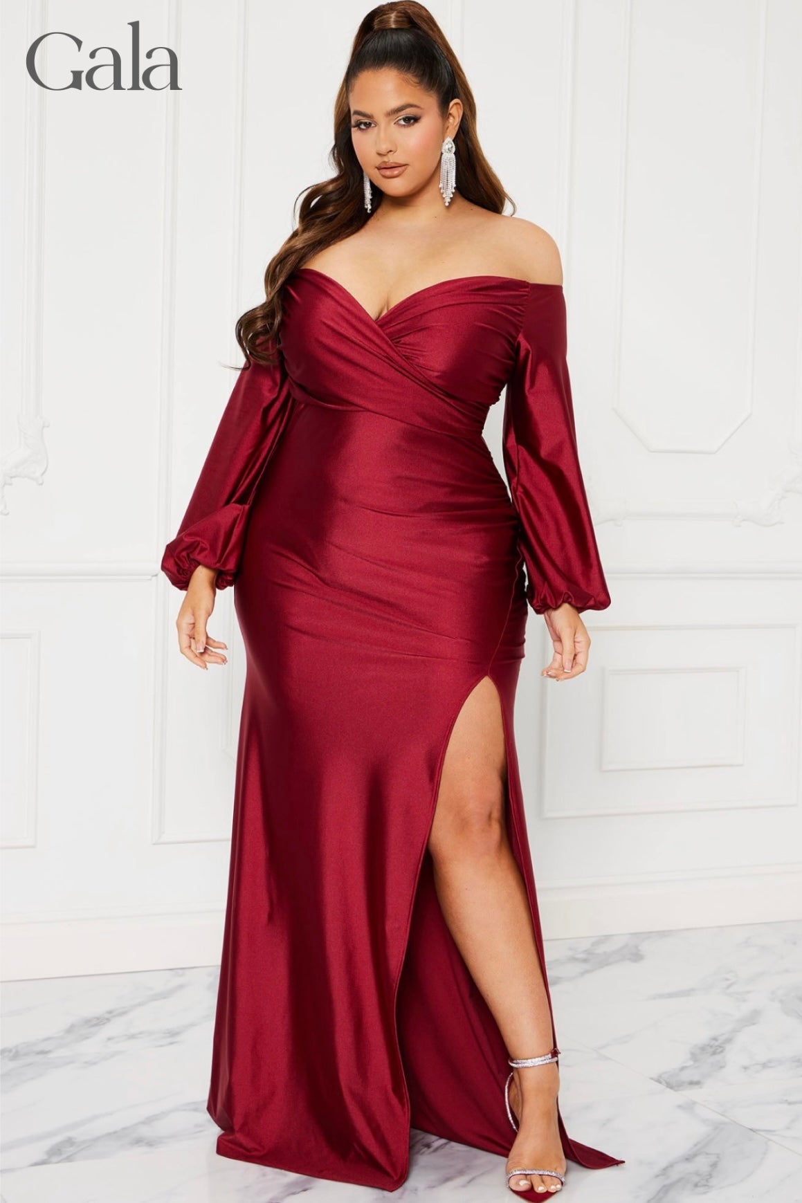 Maroon Off-Shoulder Lycra Maxi Dress