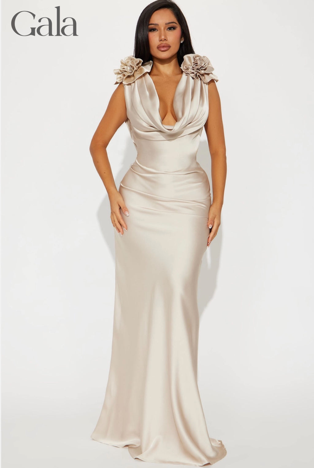 Taupe Cowl Neck Satin Maxi Dress