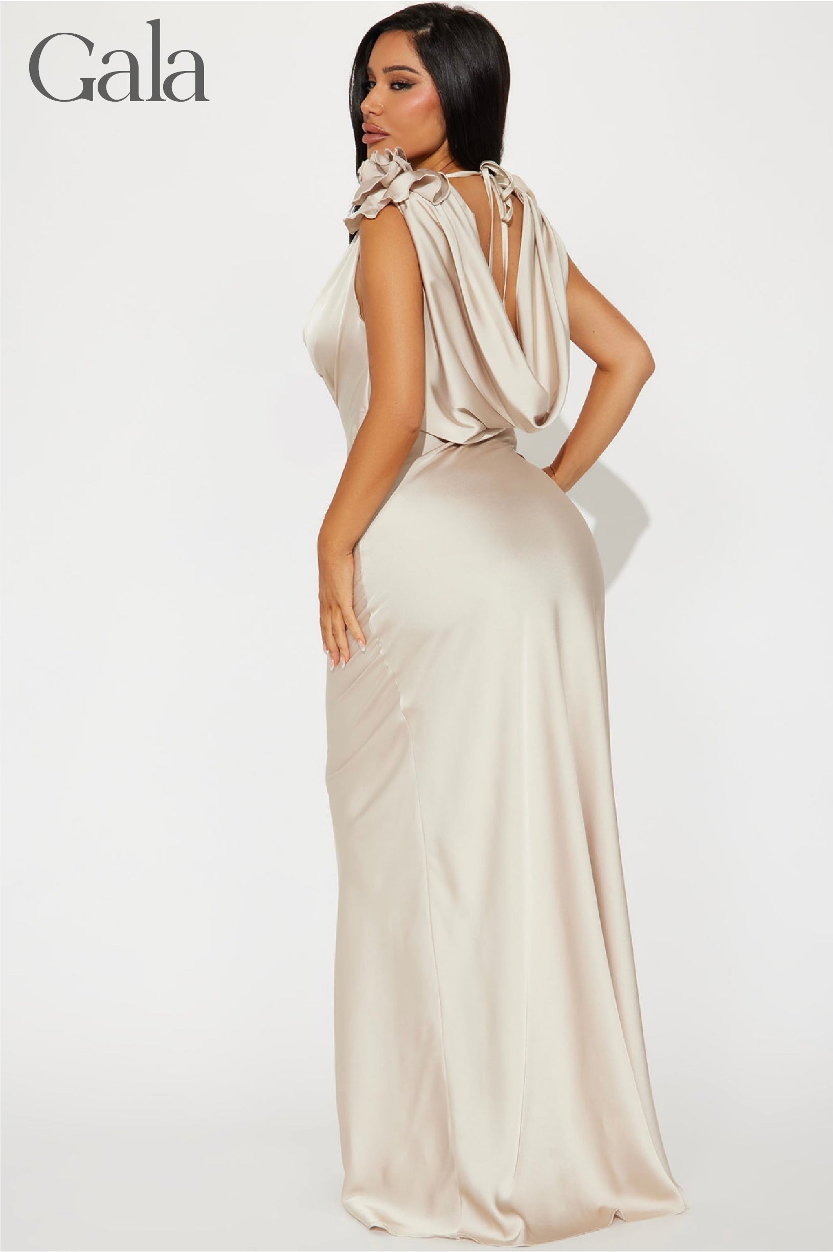 Taupe Cowl Neck Satin Maxi Dress