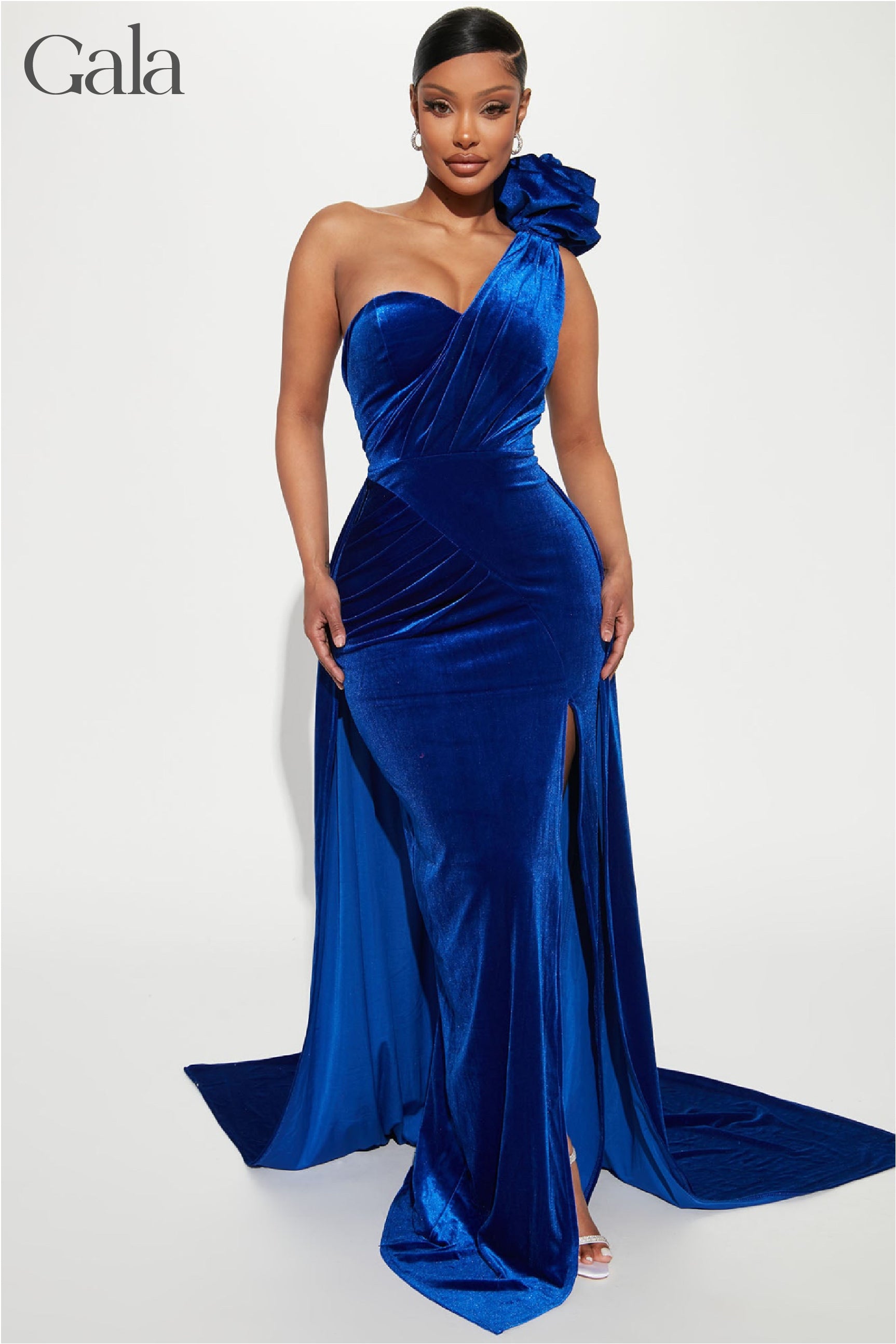 Blue One-Shoulder Velvet Dress