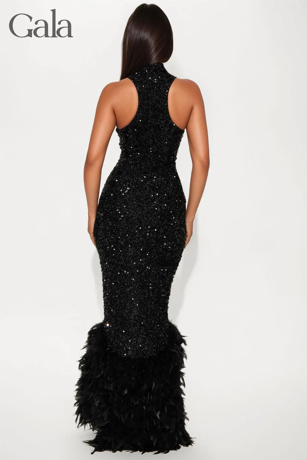 Black Feathered Sequin Gown