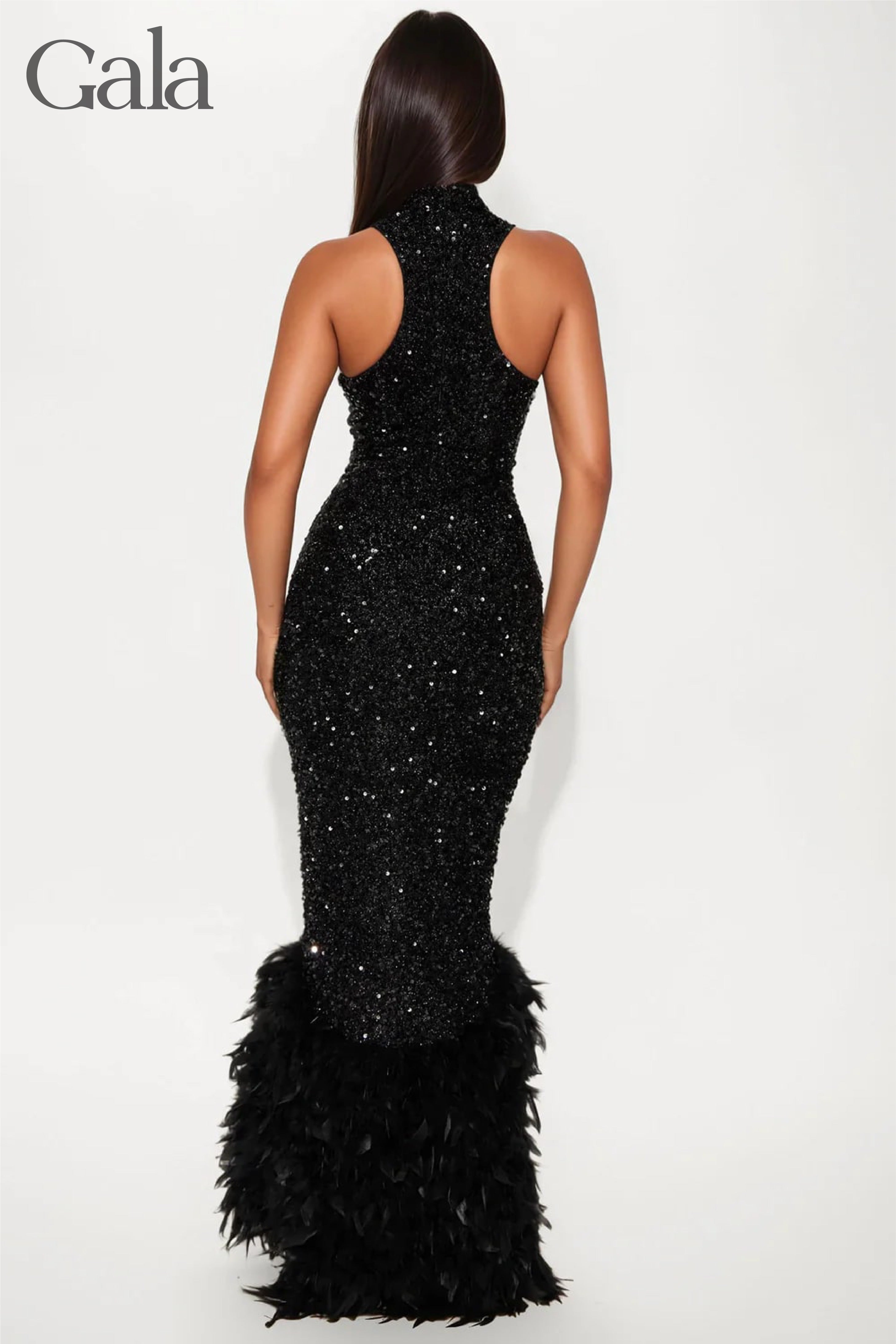 Black Feathered Sequin Gown