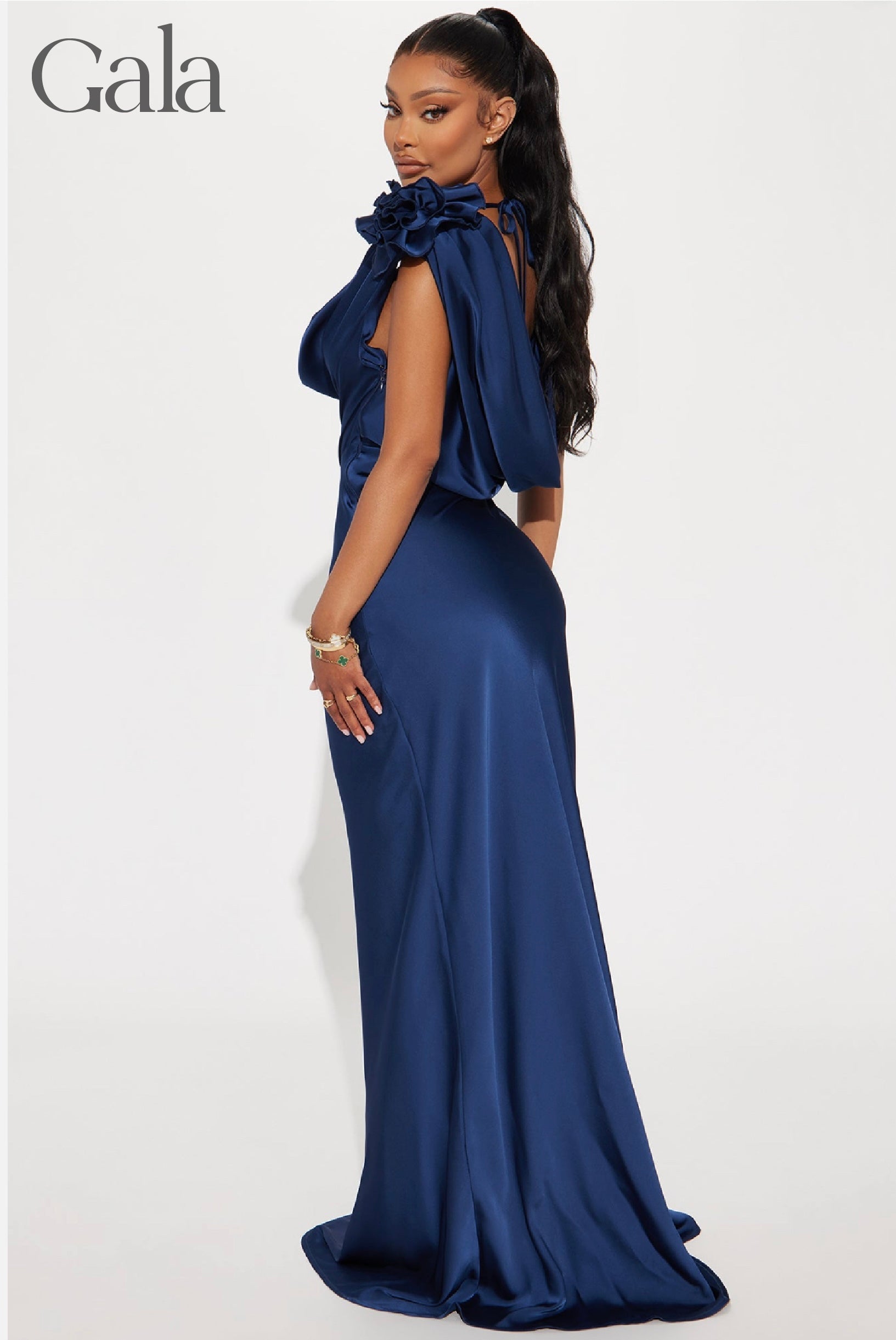 Navy Cowl Neck Satin Maxi Dress