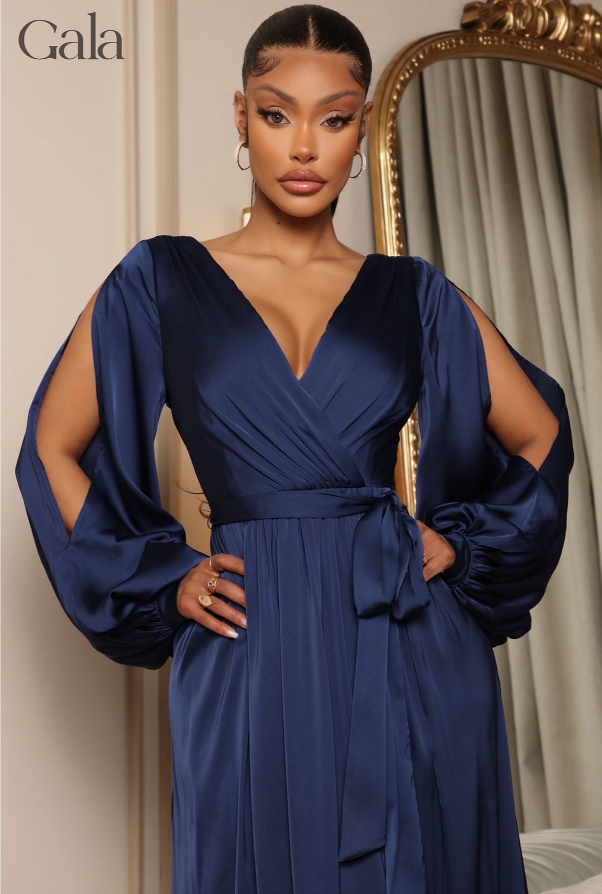 Navy Long-Sleeve Satin Maxi Dress