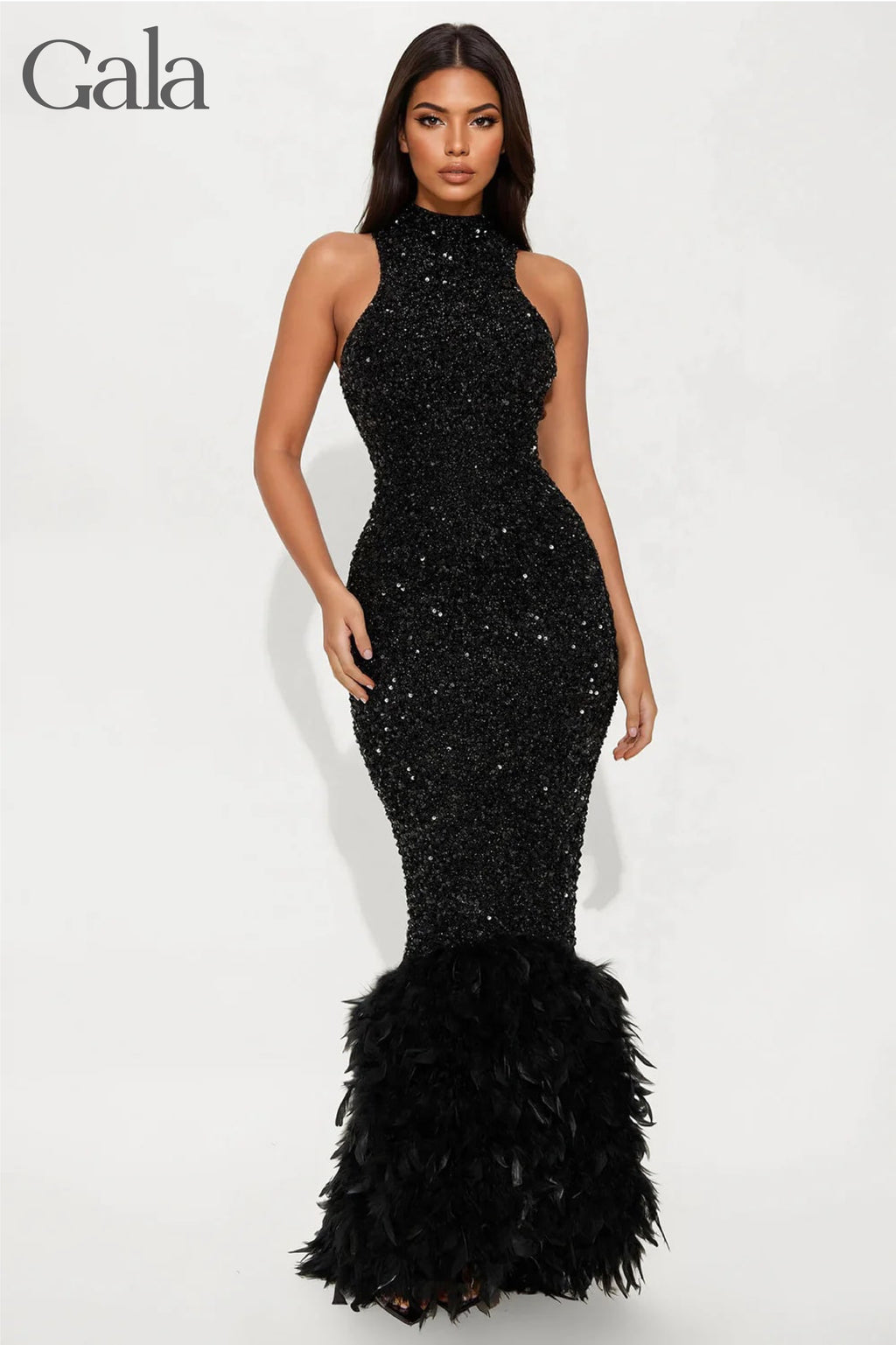 Black Feathered Sequin Gown