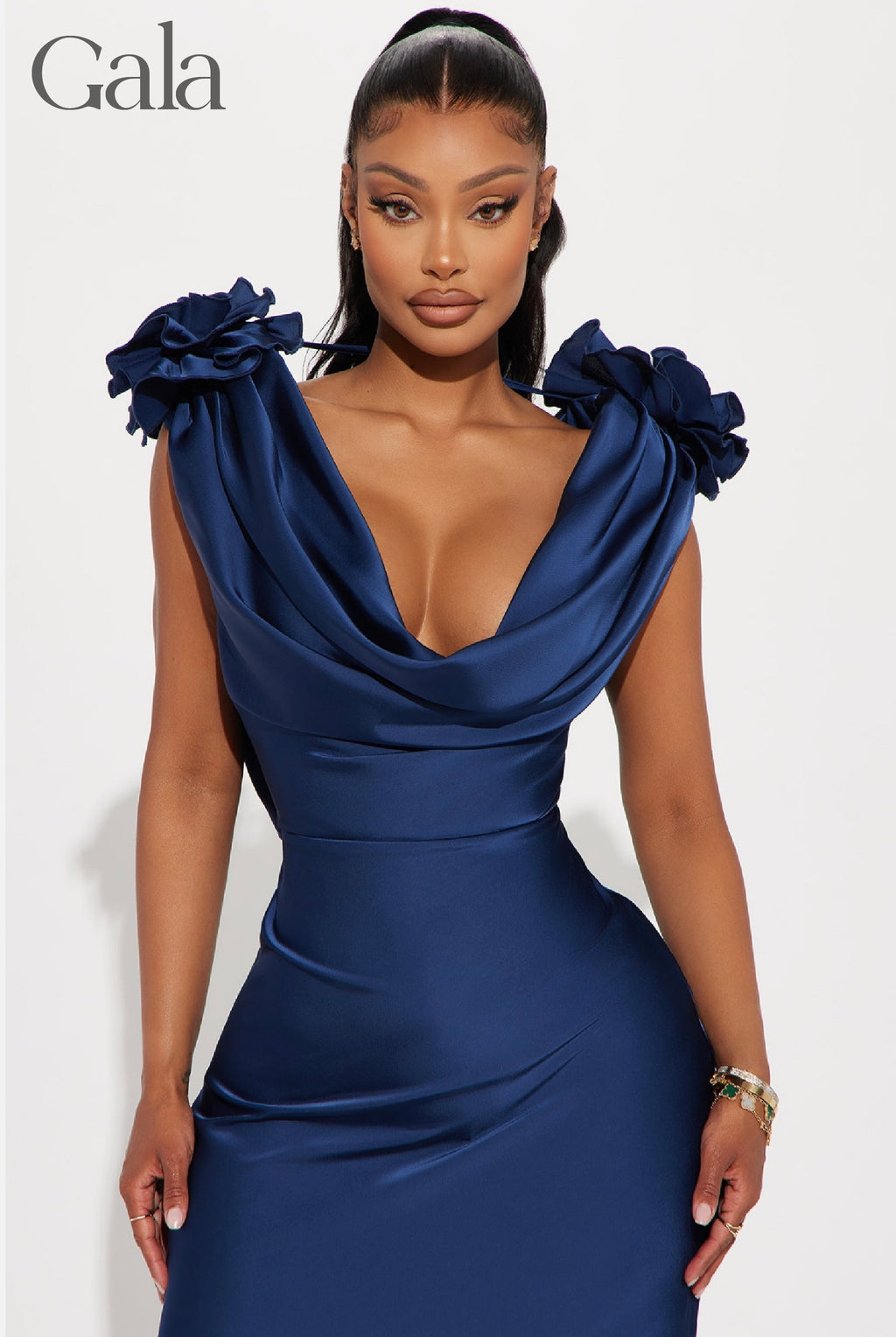 Navy Cowl Neck Satin Maxi Dress