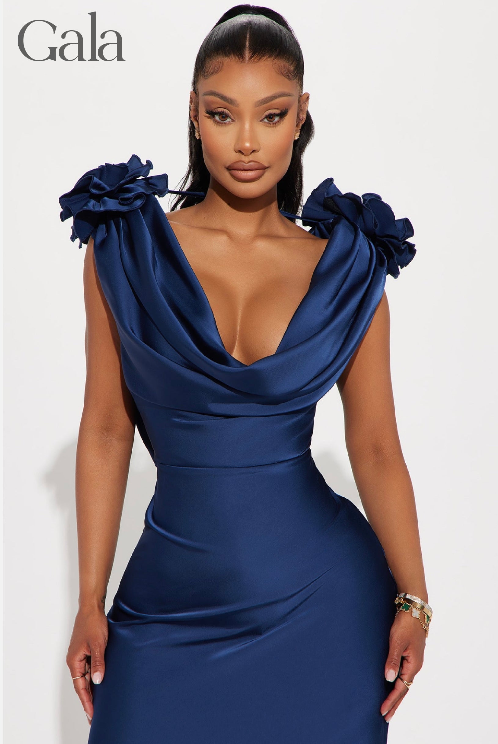 Navy Cowl Neck Satin Maxi Dress