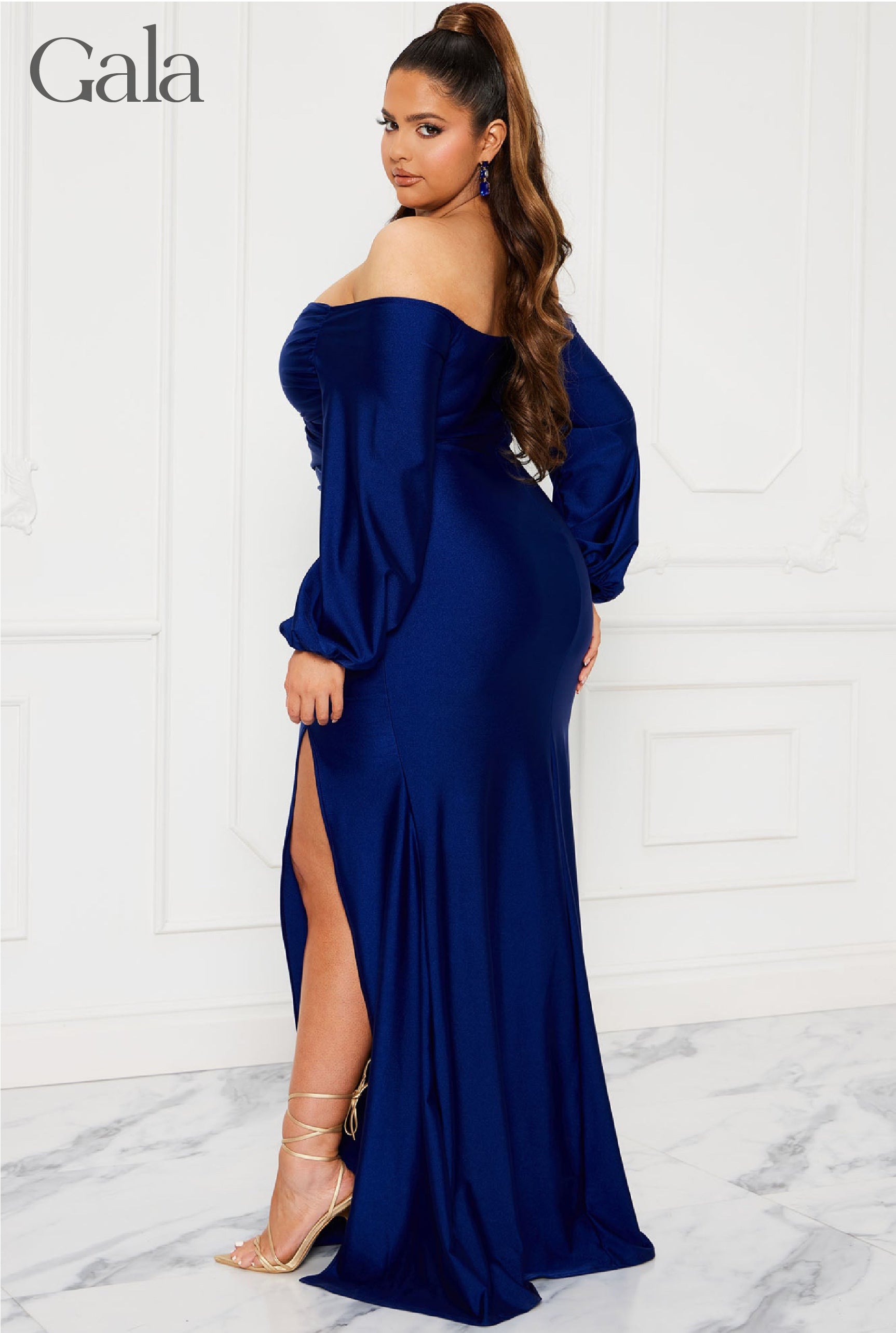Navy Off-Shoulder Lycra Maxi Dress