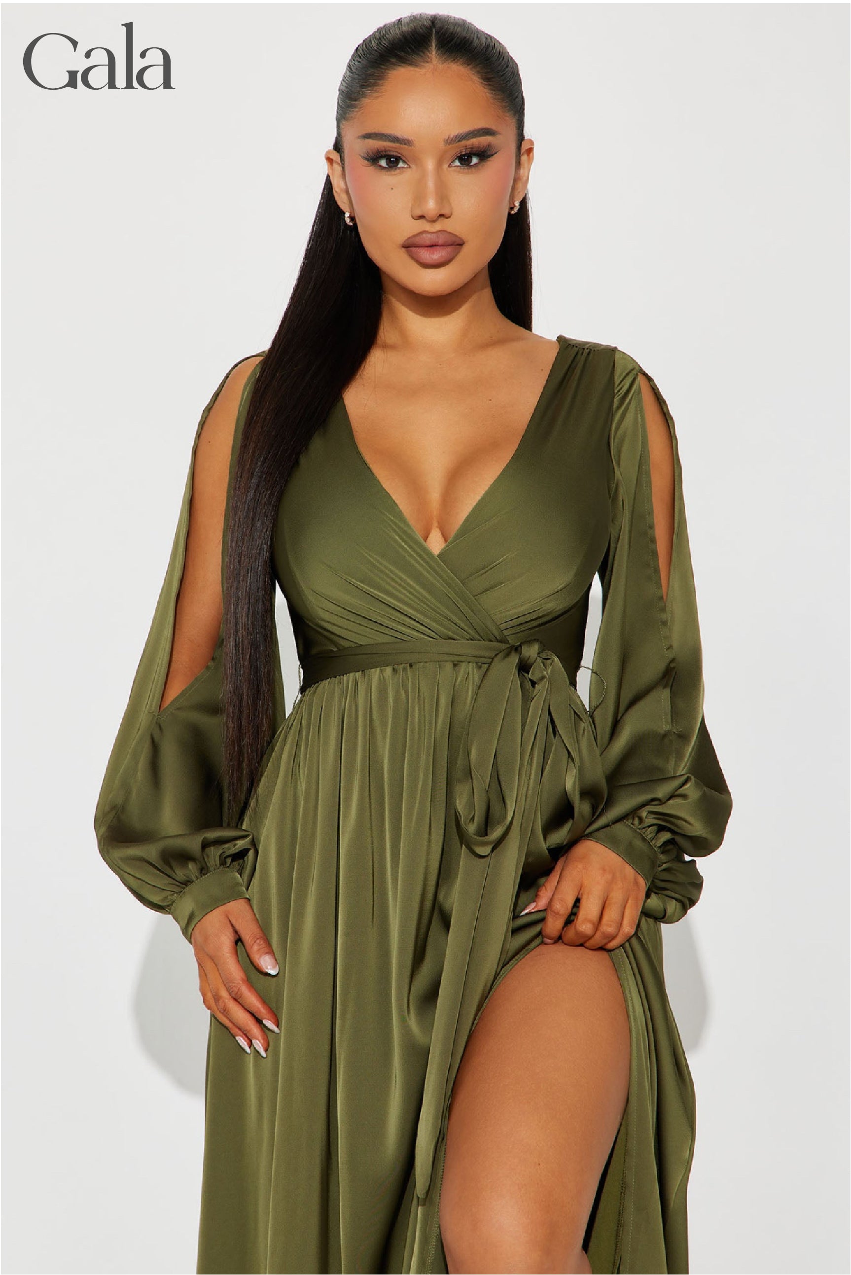 Olive Green Long-Sleeve Maxi Dress