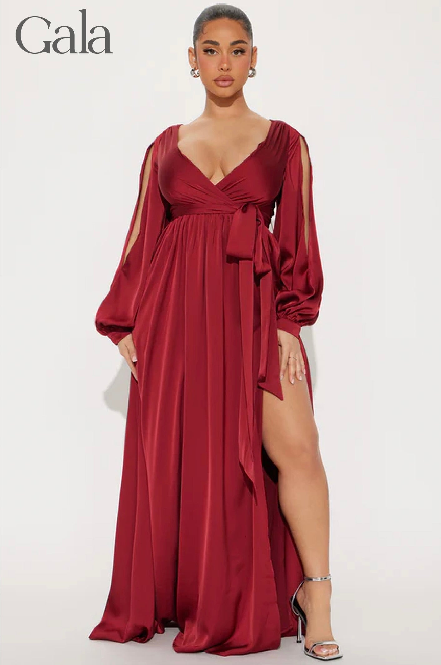 Maroon Long-Sleeve Satin Maxi Dress