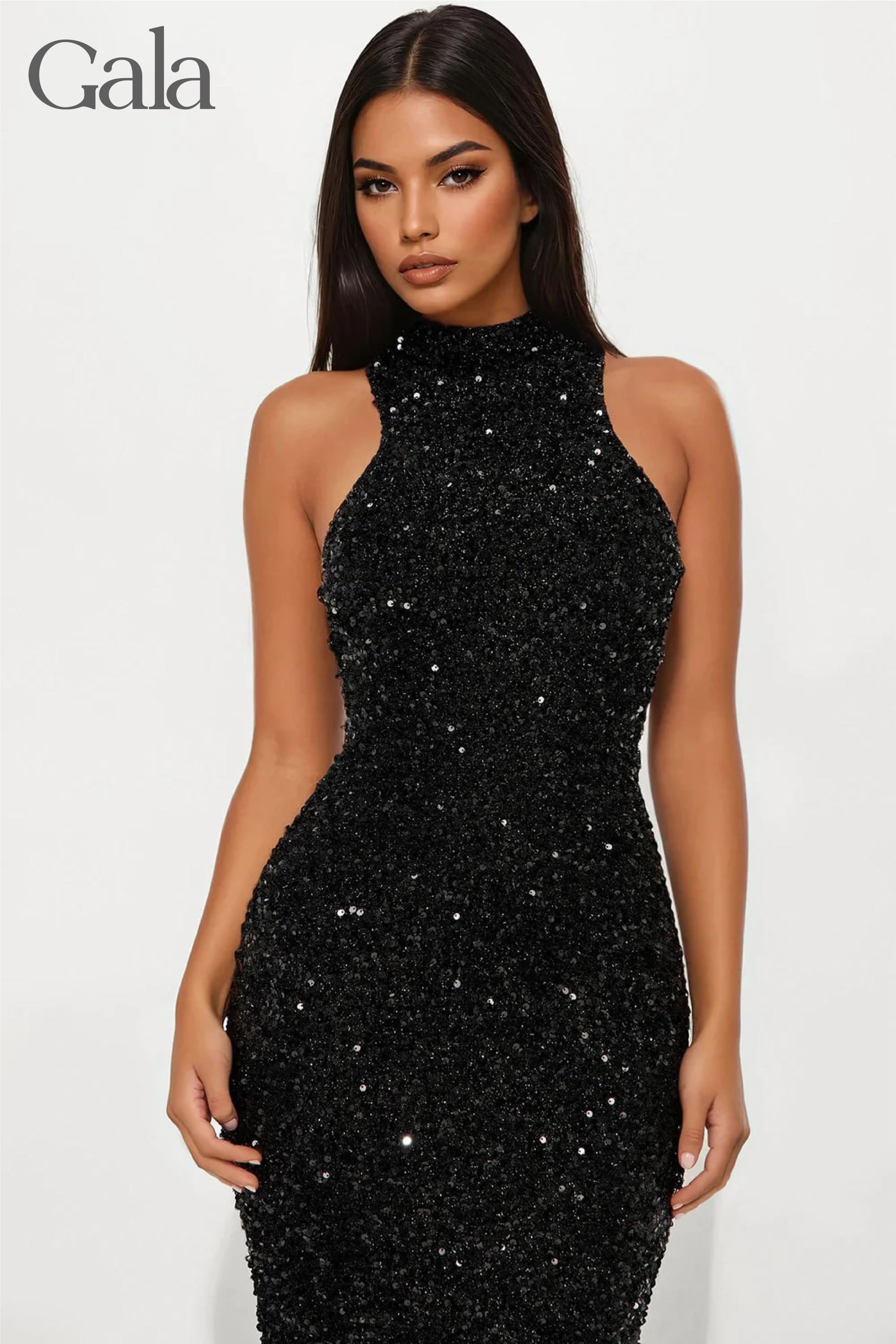 Black Feathered Sequin Gown