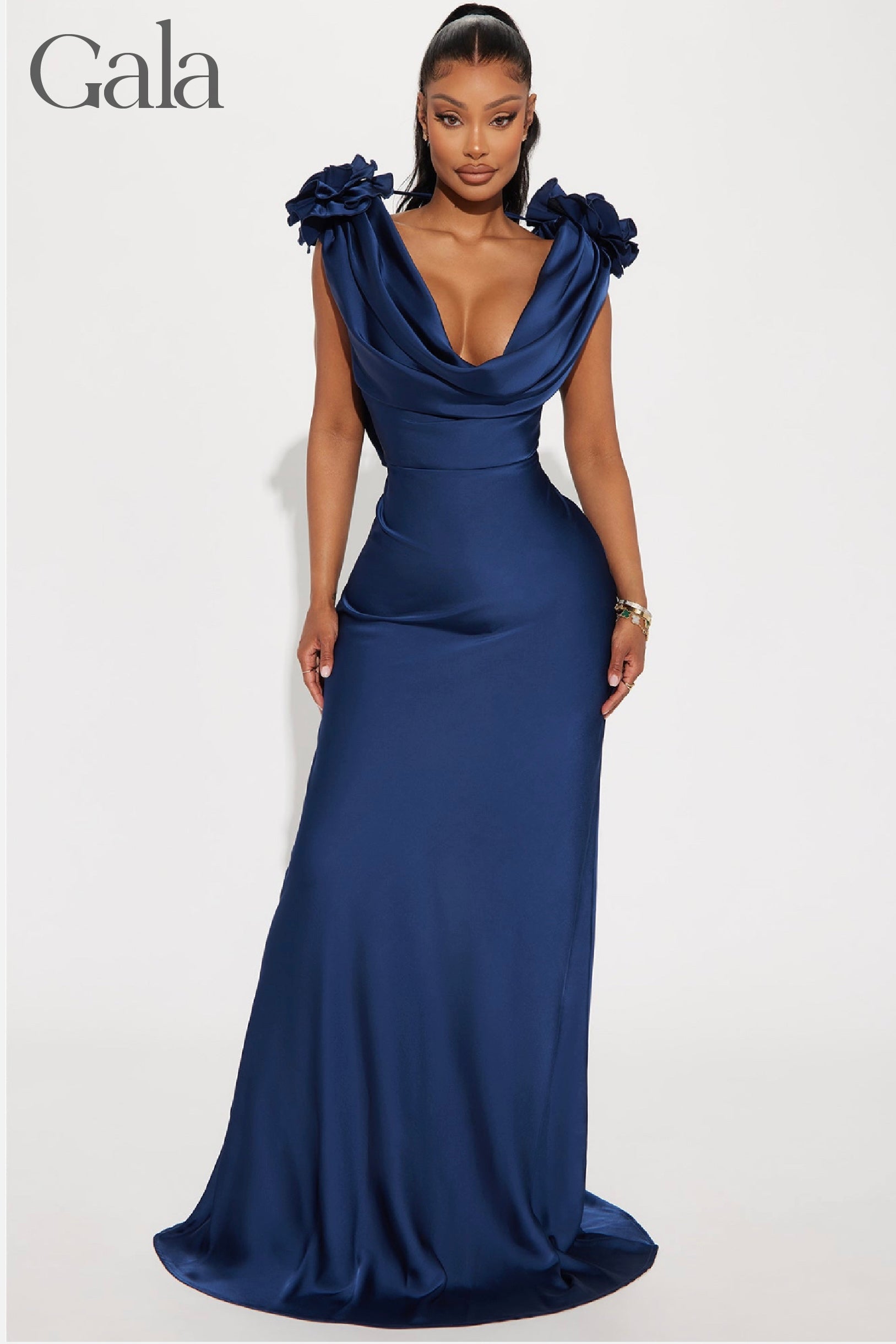 Navy Cowl Neck Satin Maxi Dress