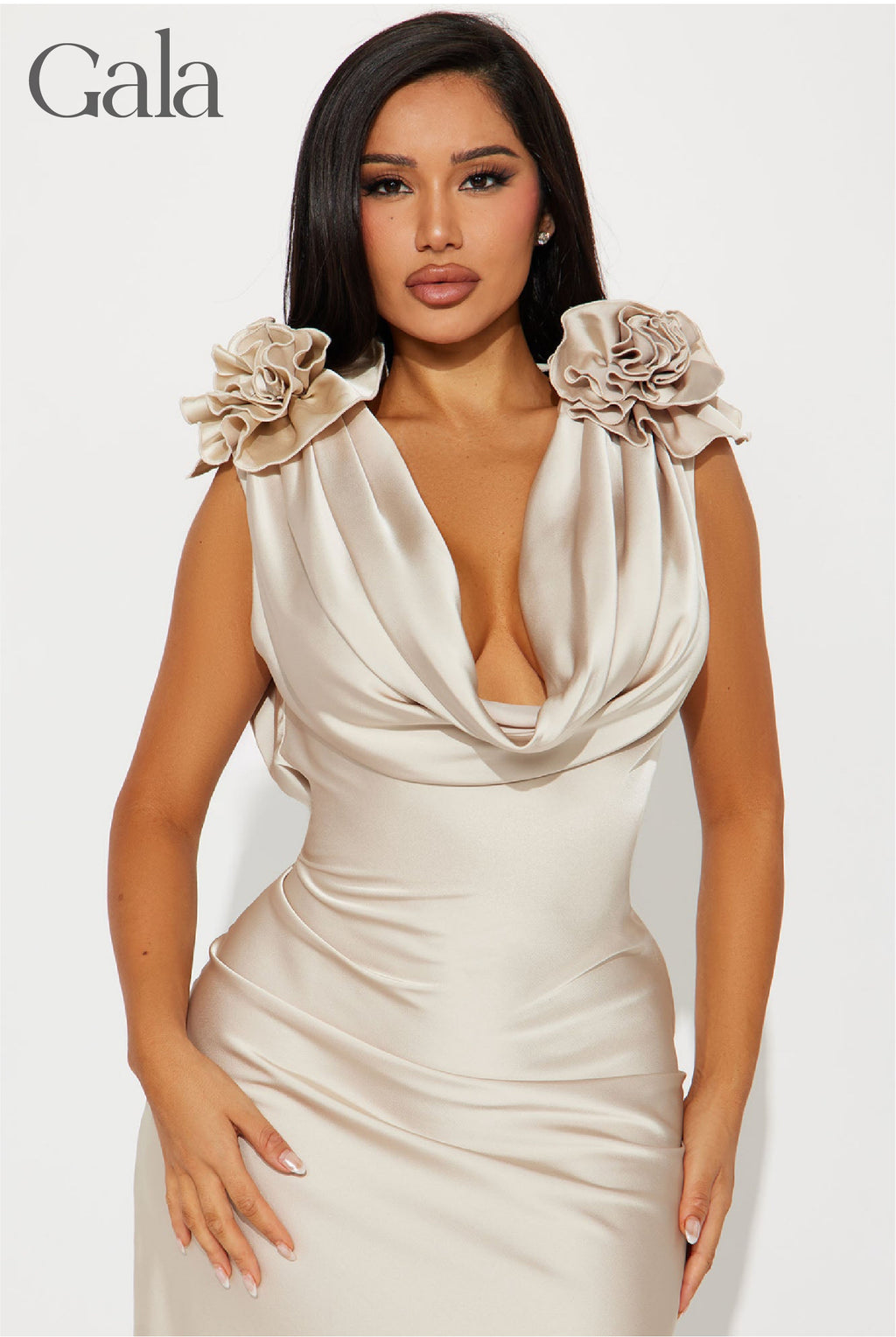 Taupe Cowl Neck Satin Maxi Dress