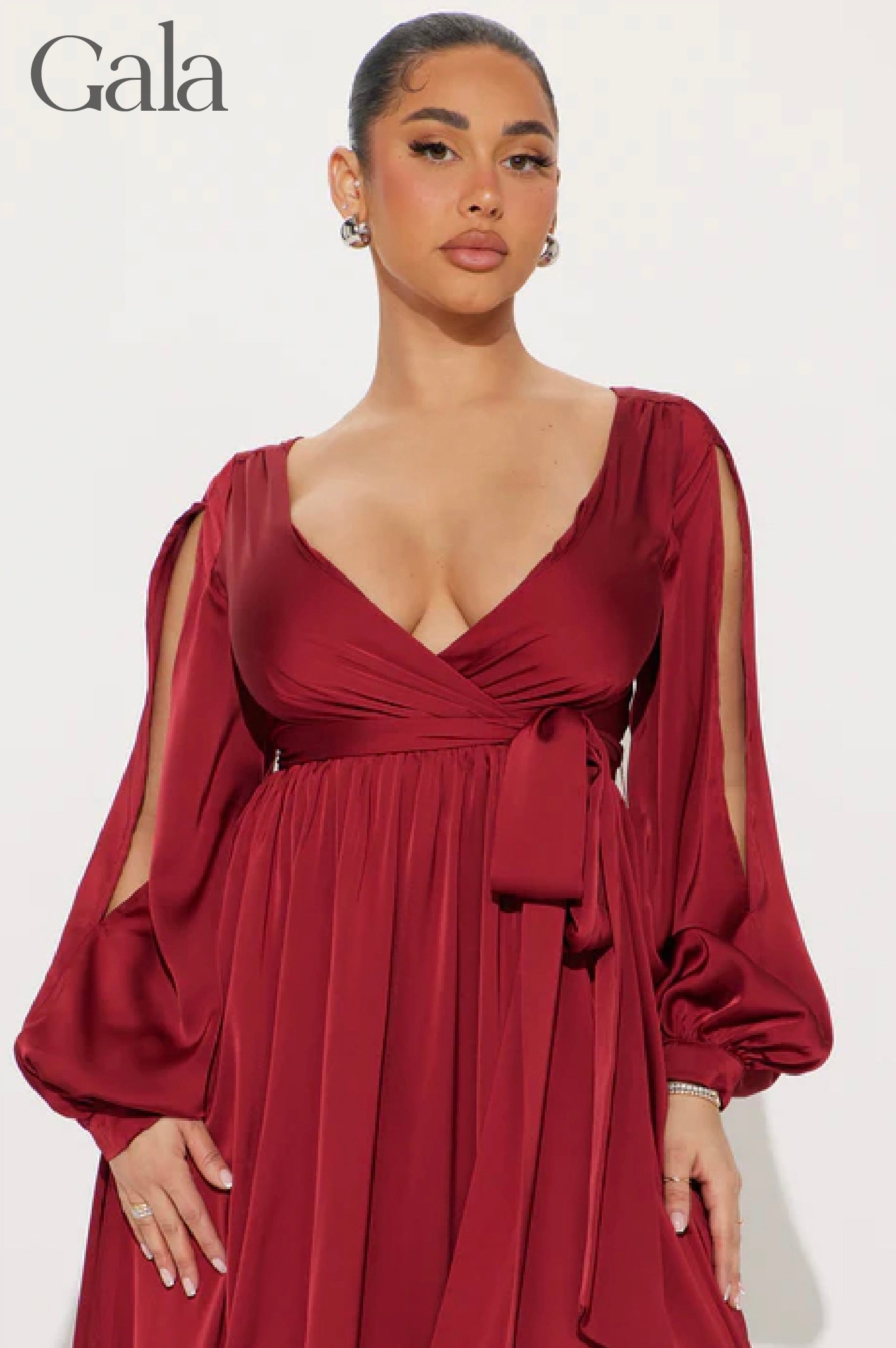 Maroon Long-Sleeve Satin Maxi Dress