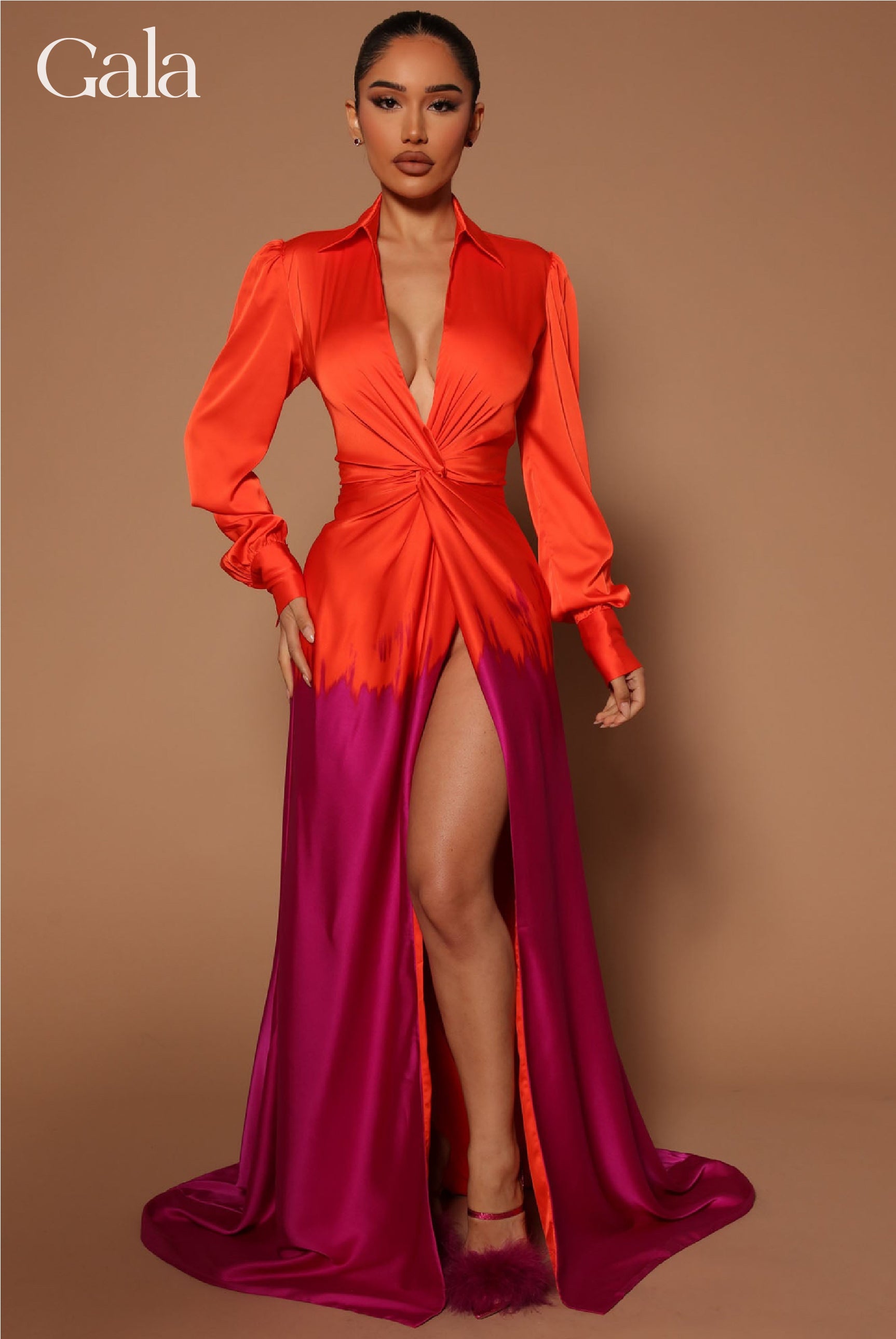 Orange/Fuchsia Satin Maxi Dress