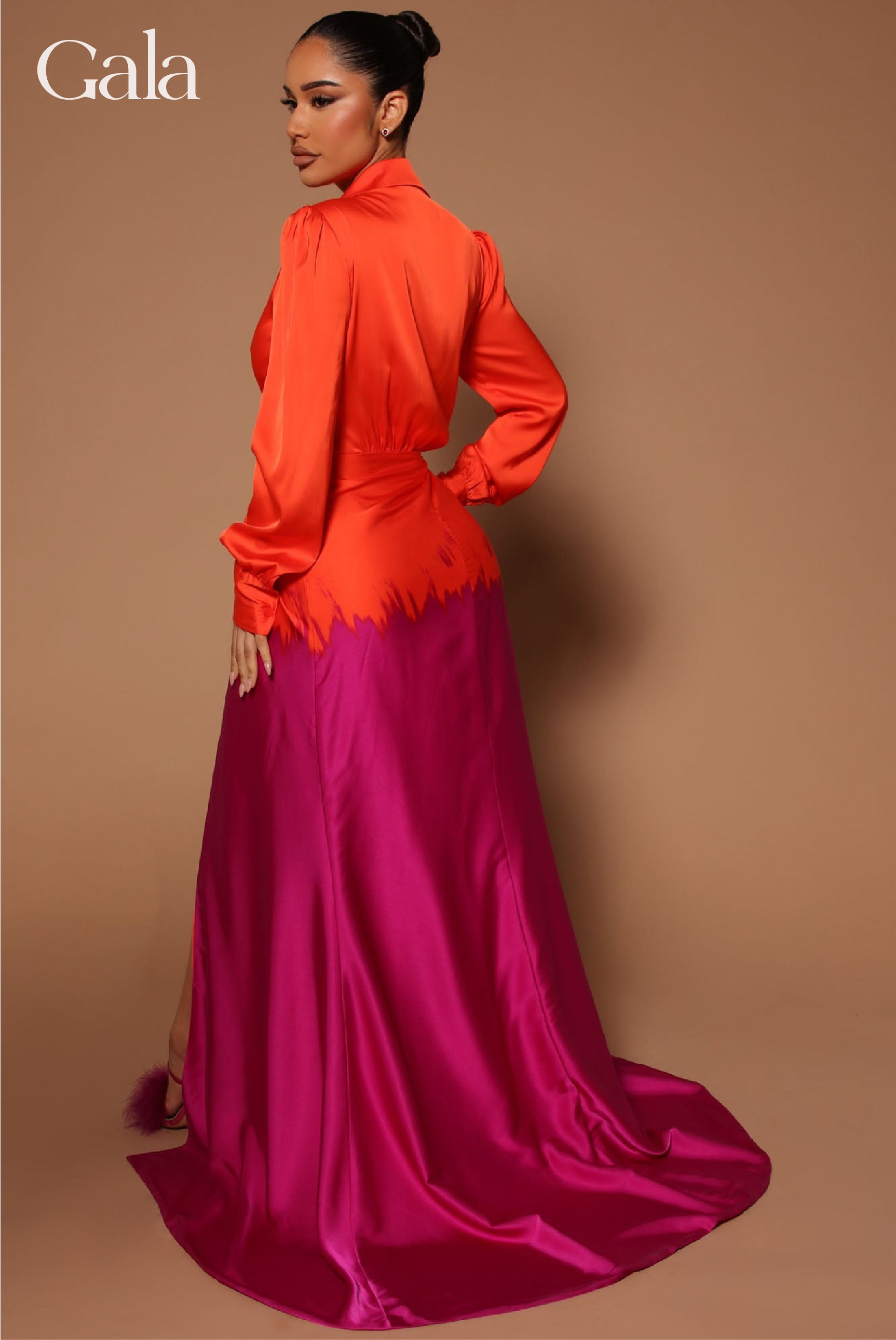 Orange/Fuchsia Satin Maxi Dress