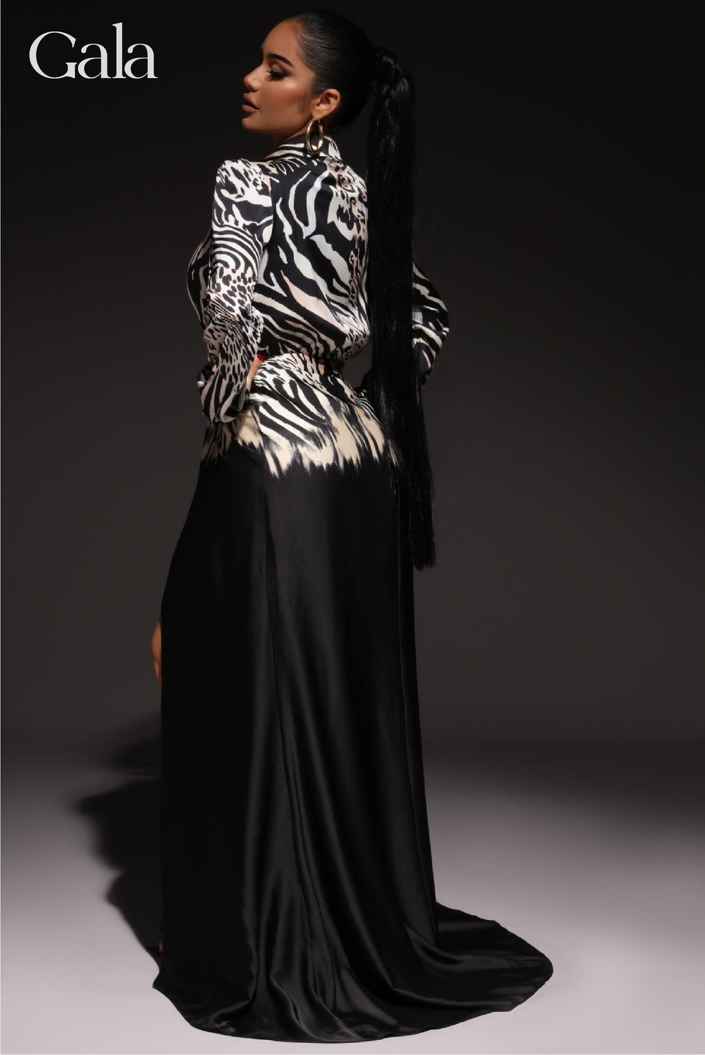 Black/White Tiger Stripe Satin Maxi Dress