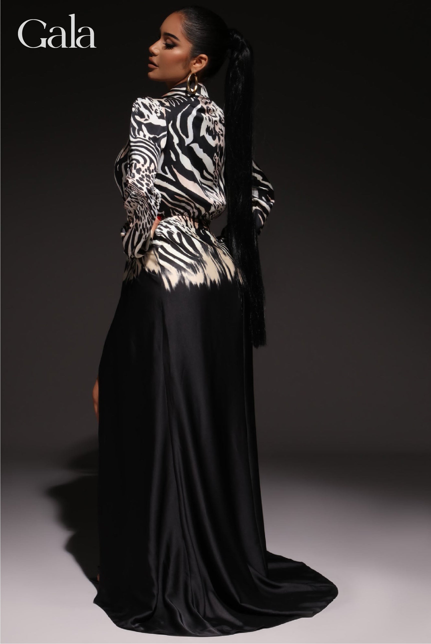 Black/White Tiger Stripe Satin Maxi Dress