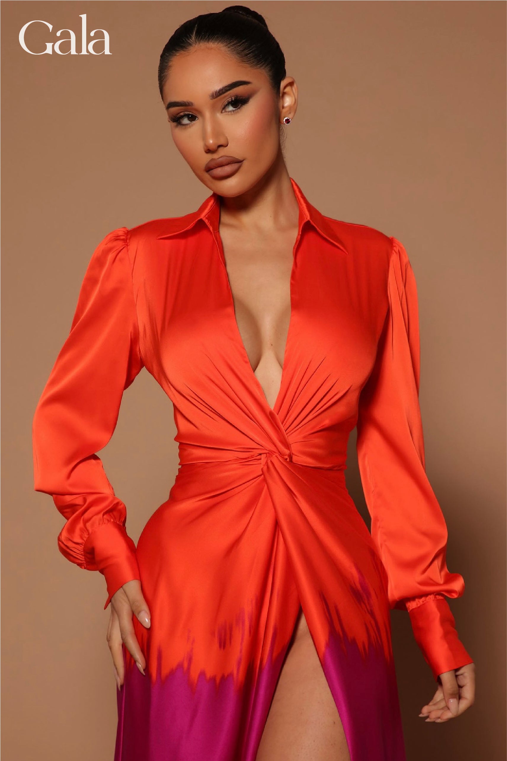 Orange/Fuchsia Satin Maxi Dress