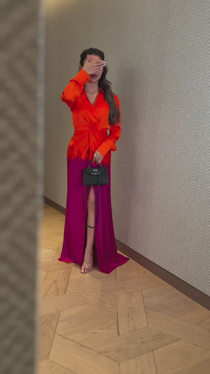Orange/Fuchsia Satin Maxi Dress